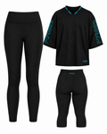 Three-piece black activewear set from Power Fitness, including high-waisted leggings, a short-sleeve athletic top with teal sleeve graphics, and matching capri leggings, shown on a plain white background.
