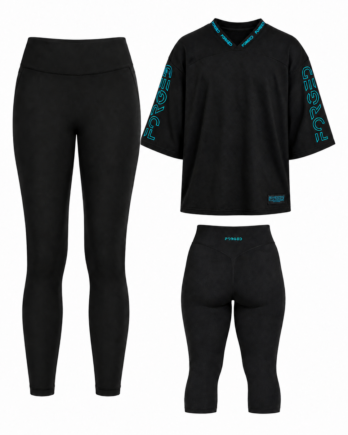 Three-piece black activewear set from Power Fitness, including high-waisted leggings, a short-sleeve athletic top with teal sleeve graphics, and matching capri leggings, shown on a plain white background.