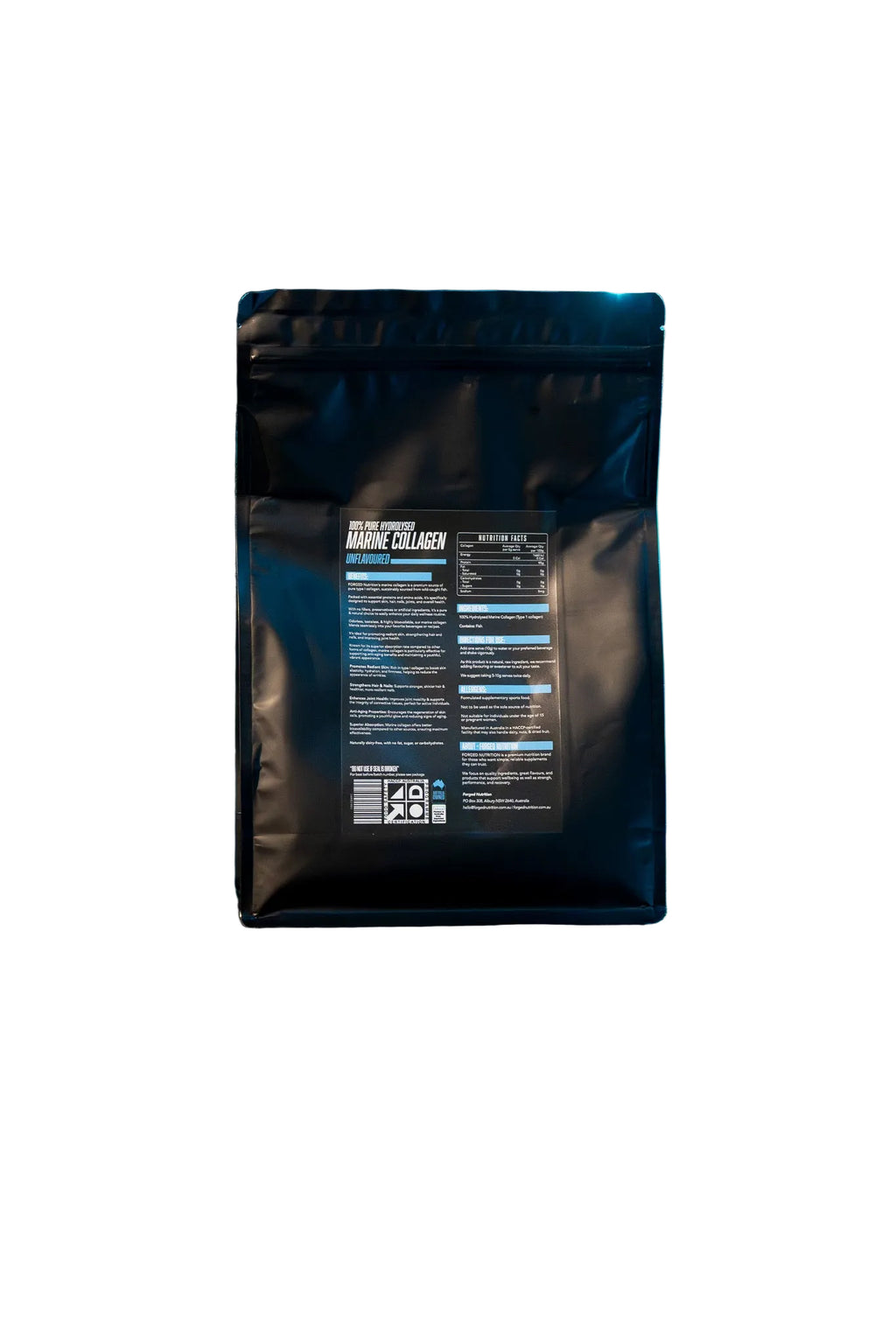 A black stand-up pouch of collagen powder stands upright on a dark surface, showing the back label with white and blue text. The scene is lit by a vertical blue neon light in a dark studio setting.