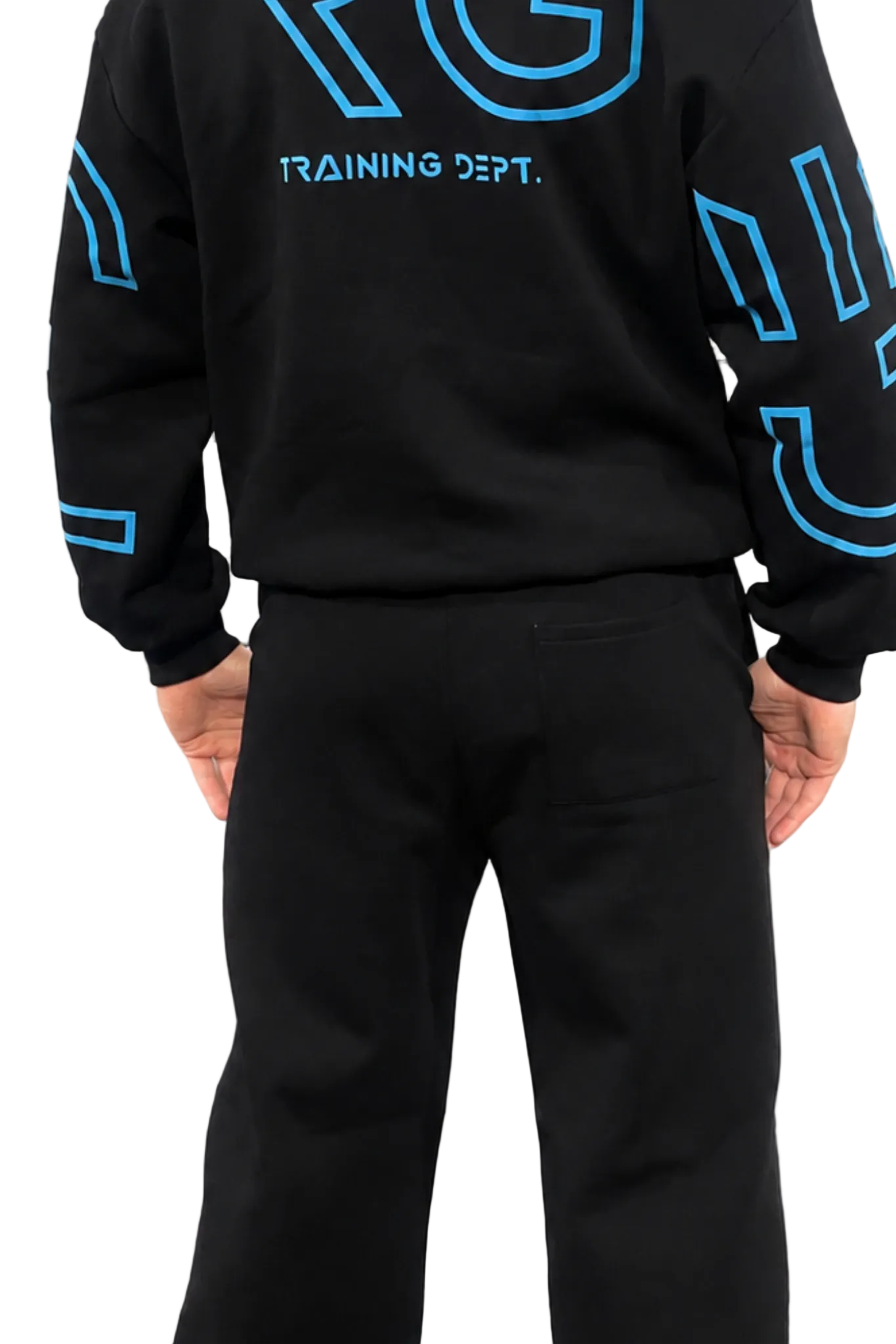 A person shown from the back wearing a black sweatshirt with bright blue outlined graphics and the words 'TRAINING DEPT.' across the upper back, paired with black pants, on a plain white background.