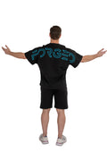 Person wearing a black t-shirt with 'FORGED' printed on the back against a white background