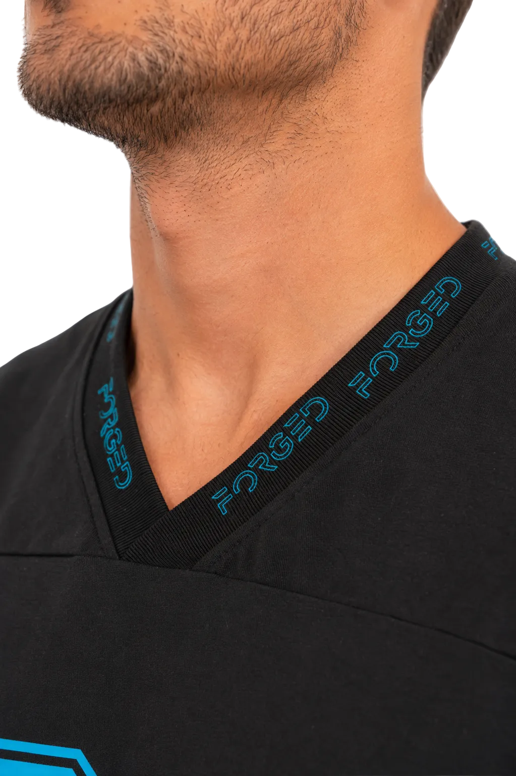Close-up of a man's neck and lower face wearing a black V-neck t-shirt with a black ribbed collar featuring the brand name 'FORGED' in blue.